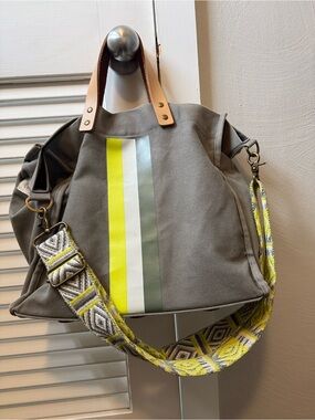 Bagging Rights Canvas Tote with Neon Yellow & Green Stripe and Leather Handles